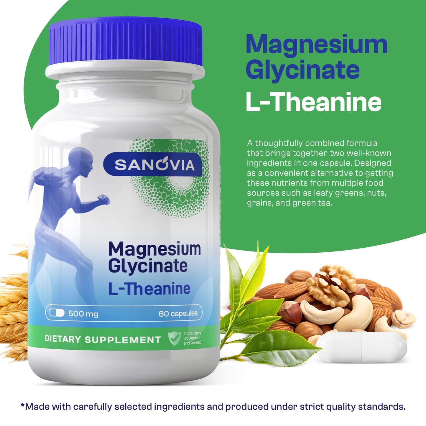 SANOVIA Magnesium Glycinate with L-Theanine 200mg & Chamomile 10:1 Sleep & Calm Support, 150mg Magnesium, 60 Capsules