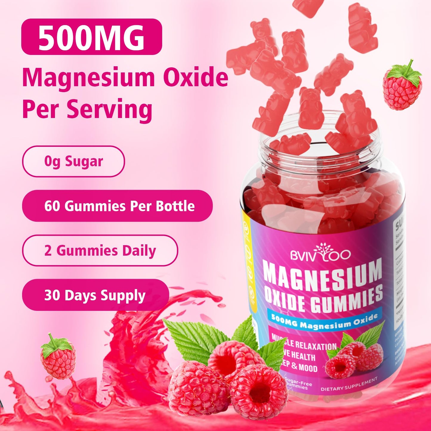 BVIVLOO Magnesium Oxide 500mg Gummies, 120 Gummies