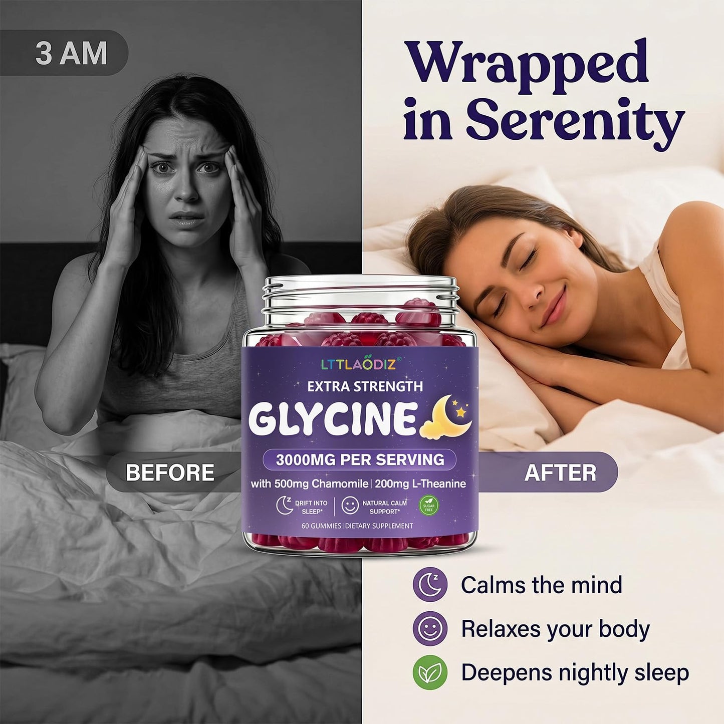 LTTLAODIZ Glycine Gummies, 3000mg Glycine with Chamomile and L-Theanine, 60 Count