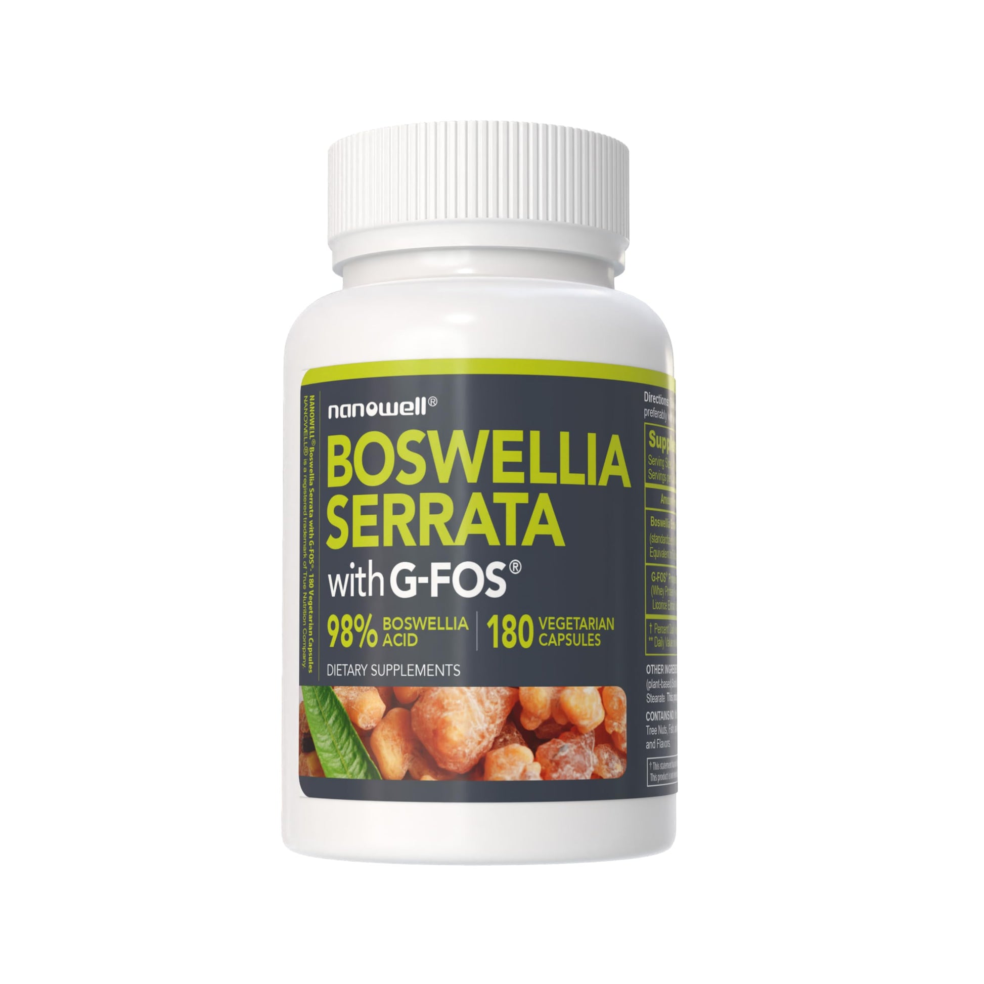 NANOWELL Boswellia Serrata with G-FOS 98% Boswellic Acid, 180 Vegan Capsules