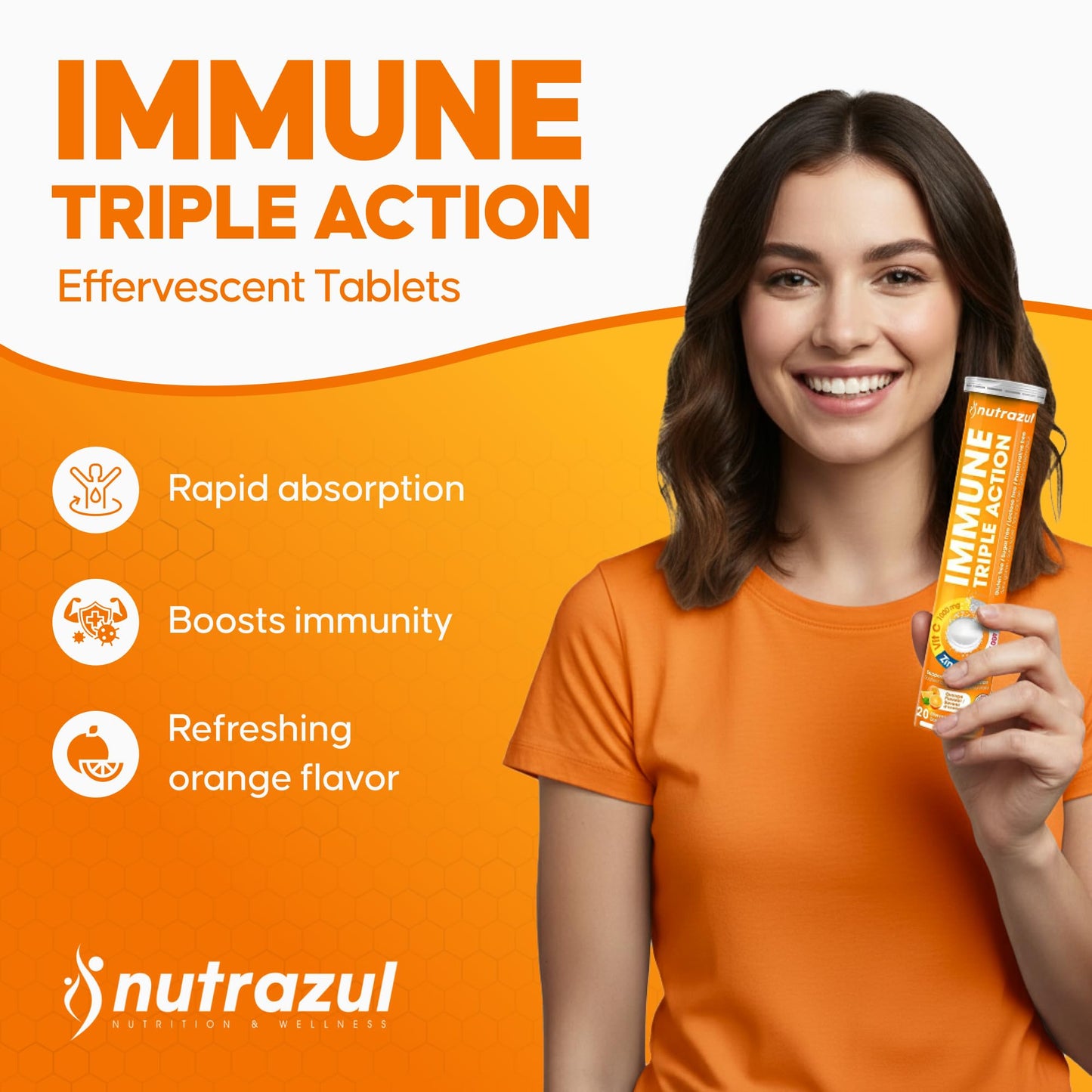 nutrazul Immune Triple Action Effervescent Tablets with Vitamin C 1000mg, Vitamin D, Zinc, Orange Flavor, 60 Tablets