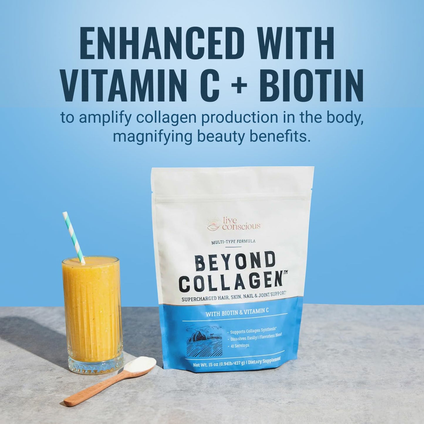 Live Conscious Beyond Collagen Multi Collagen Powder for Women w/Types I, II, III, V & X - Keto Friendly, Hydrolyzed Collagen Peptides Powder Blend w/Biotin & Vitamin C, 15