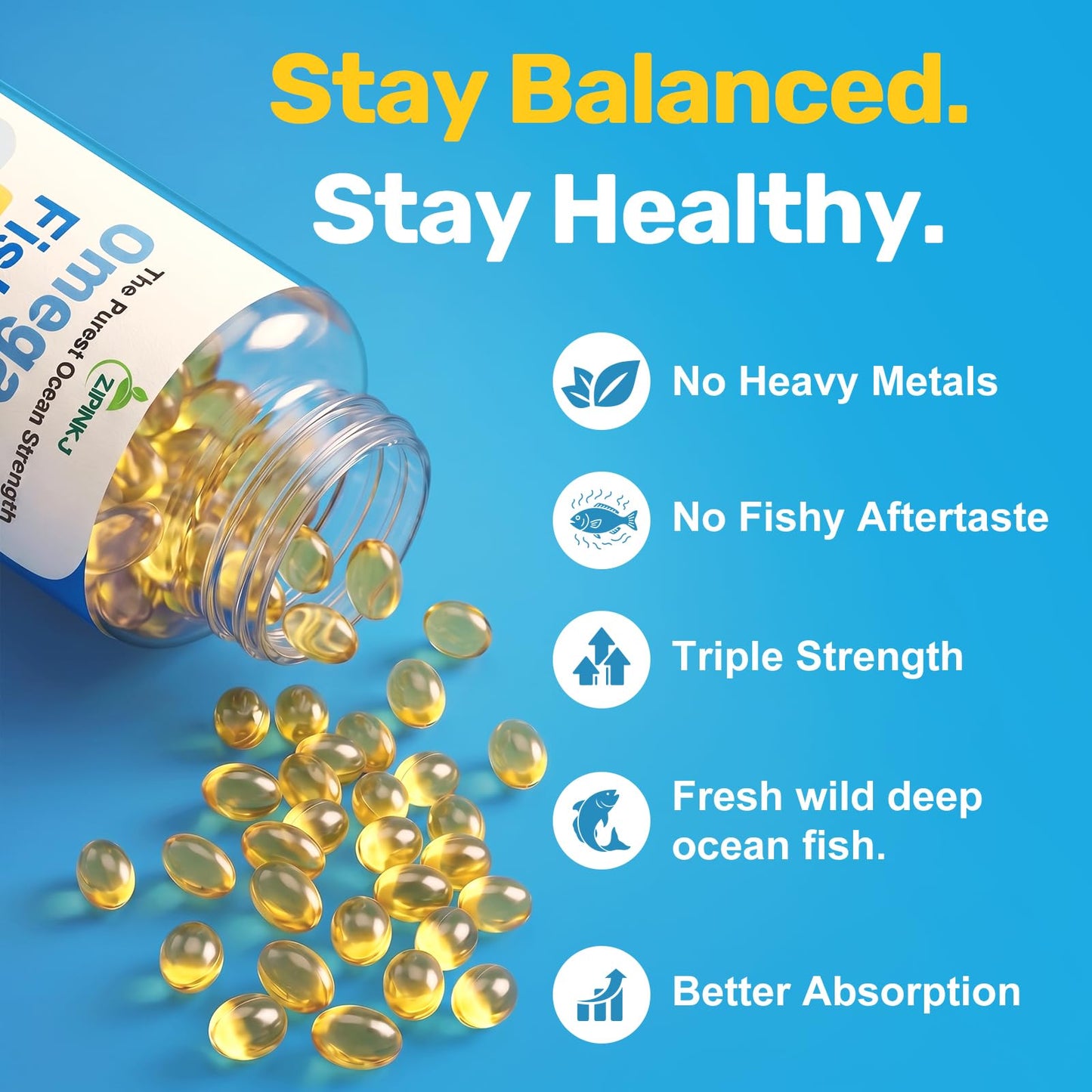ZIPINKJ Omega-3 Fish Oil Supplements 4200mg Triple Strength, High Purity EPA & DHA for Brain, Heart & Eye Health, Wild-Caught, Burpless, Non-GMO, Third-Party Tested Softgels 150