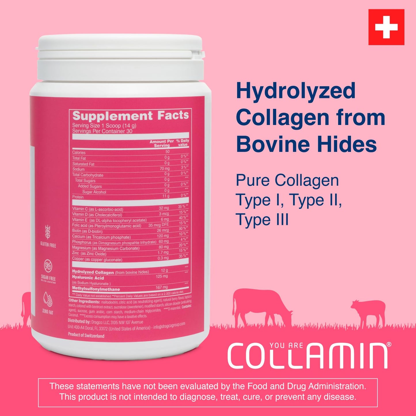 Collamin Hydrolyzed Collagen Peptides Powder from Grass-Fed Swiss Bovine with Hyaluronic Acid, Vitamin C & Biotin – Skin, Hair, Nails, Joints & Immunity Support, 14.81 Ounce