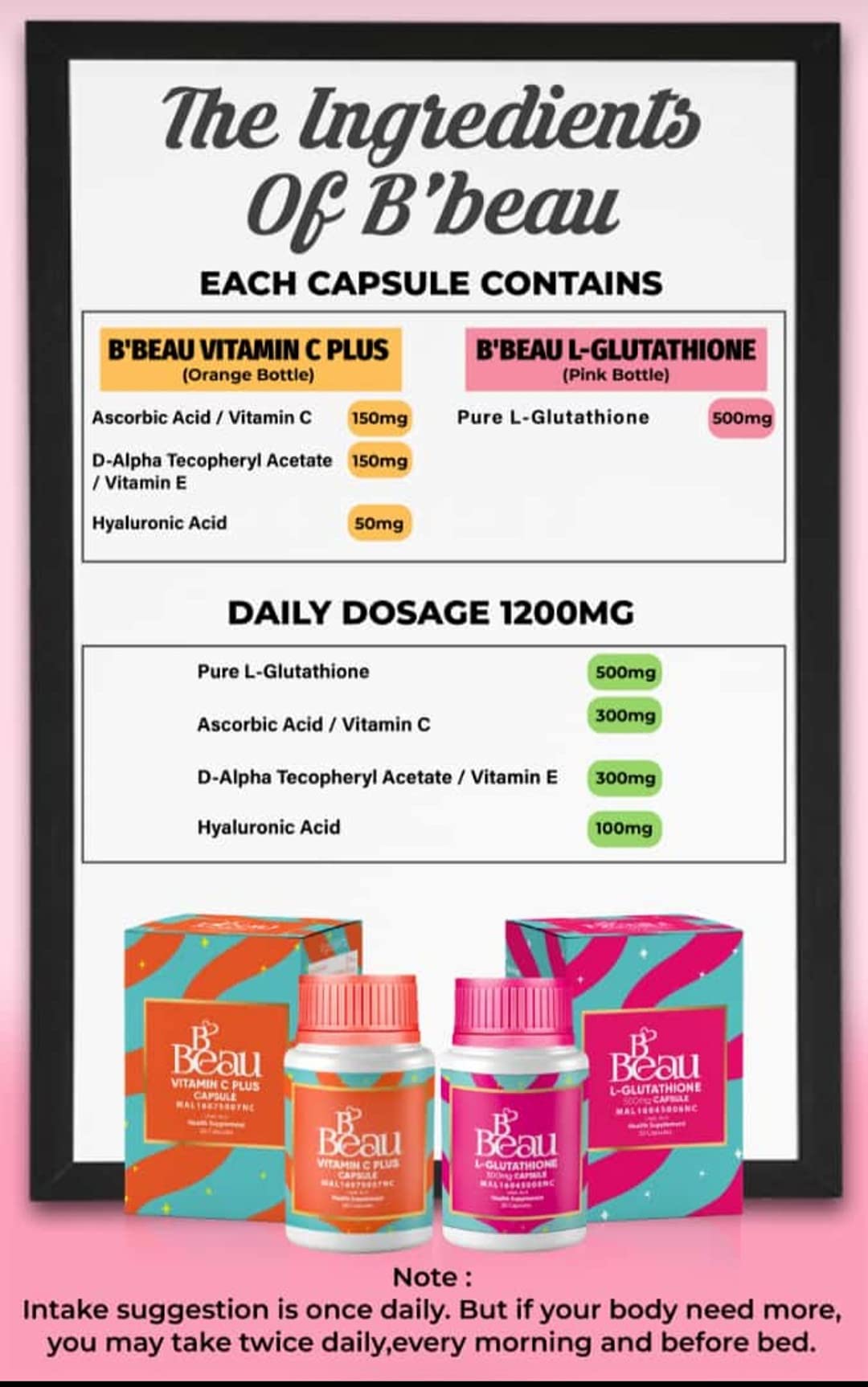 Elizkof Beauty Store B'Beau L-Glutathione 500mg and B'Beau Vitamin C Capsule, 1 Capsule