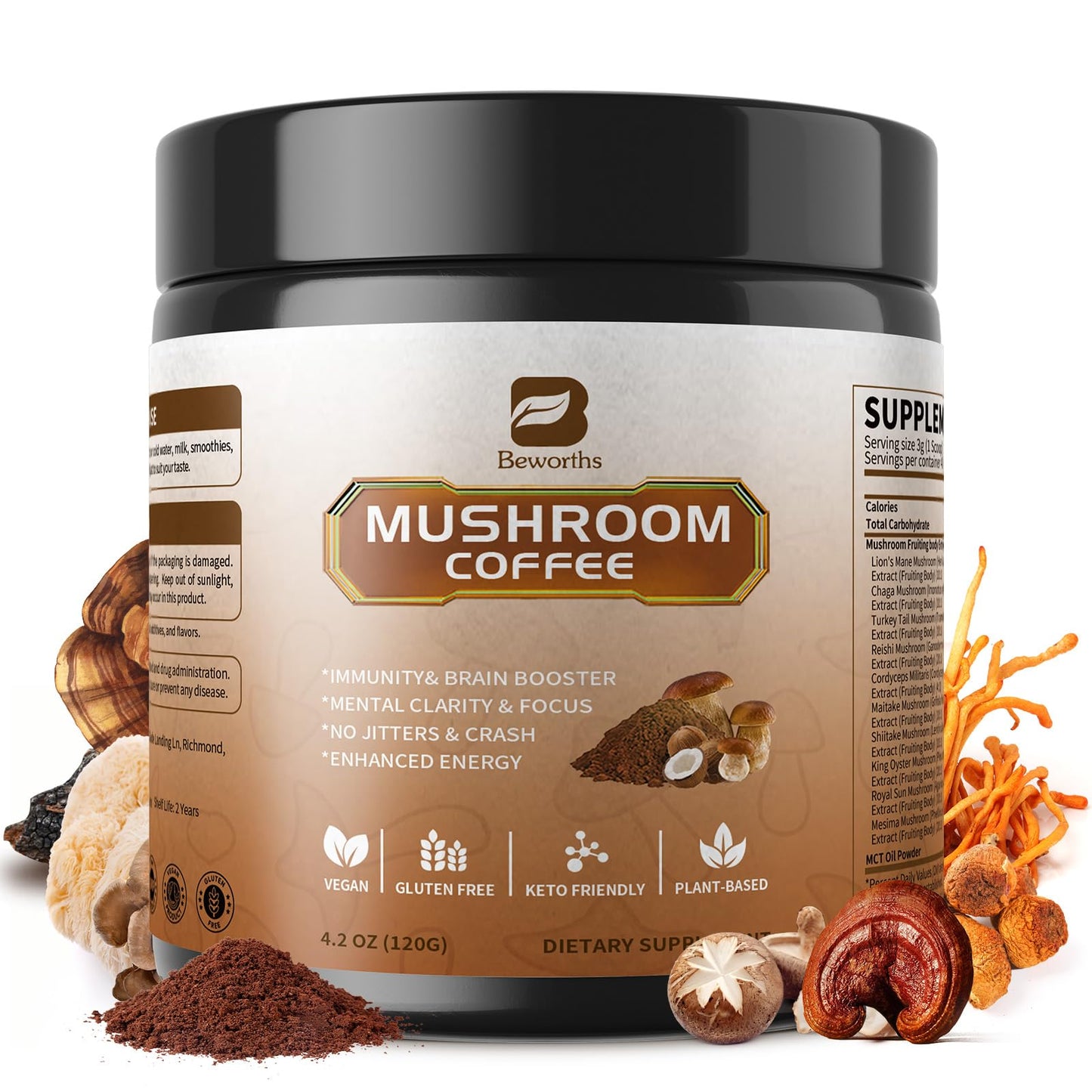 B BEWORTHS Mushroom Coffee Powder with MCT Oil, Arabica Instant Coffee, 4.23 Ounce