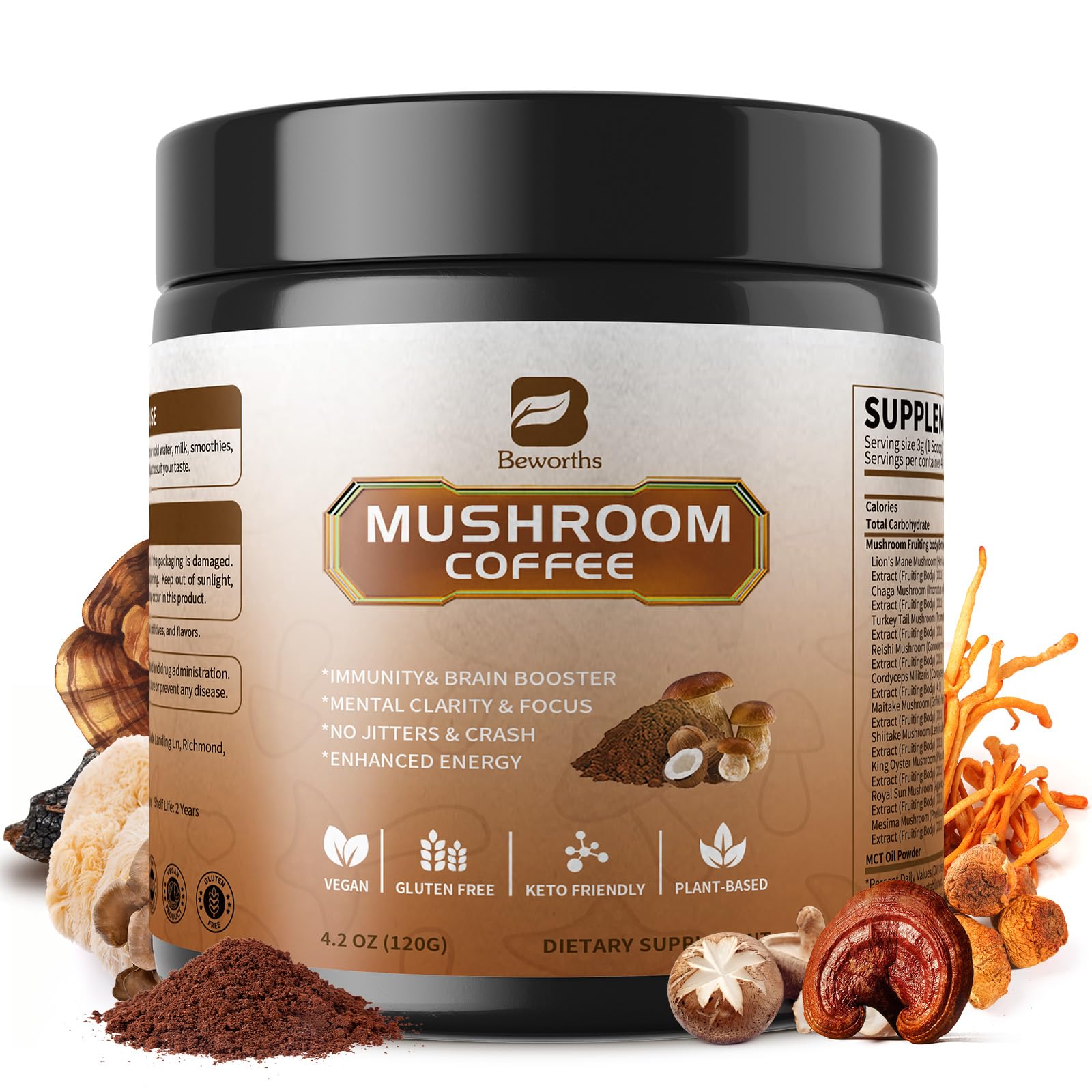 B BEWORTHS Mushroom Coffee Powder with MCT Oil, Arabica Instant Coffee, 4.23 Ounce
