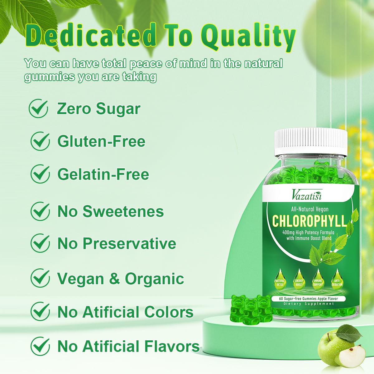 Vazatisi Chlorophyll Gummies - Super Green 13 in 1 with Ashwagandha, Vitamin C, Zinc & Copper for Body Odor, Skin, Energy, Immunity Support, Deodorant for Women, 120 Count