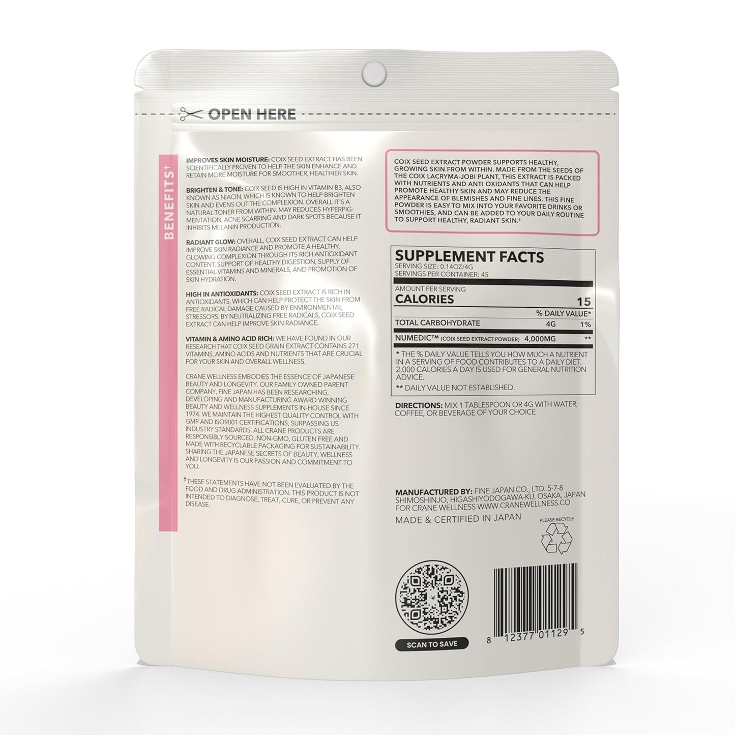 CRANE WELLNESS Tone & Glow Coix Seed Extract Powder 6.3493