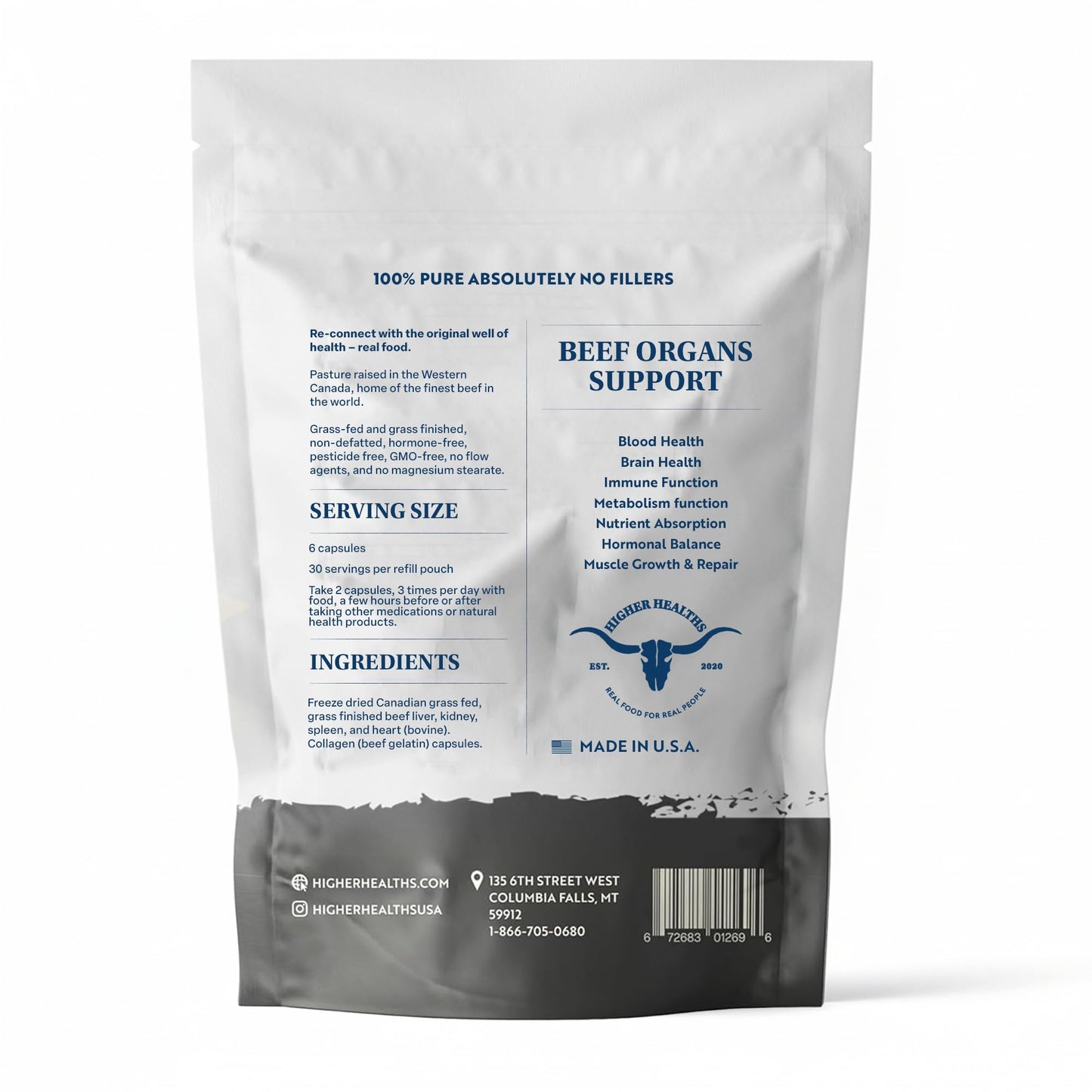 Higher Healths 100% Grass Fed Beef Organs Freeze-Dried Organ Blend 180 Capsules