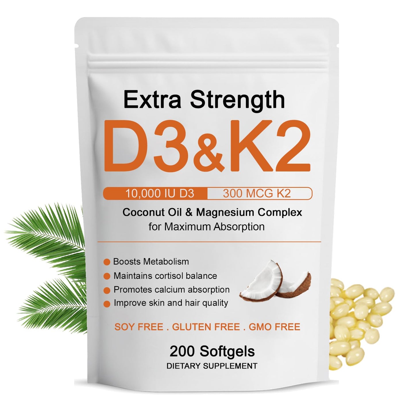 WDVNEX D3 K2 Vitamin 10000 IU Magnesium Complex Softgels, 200-Count
