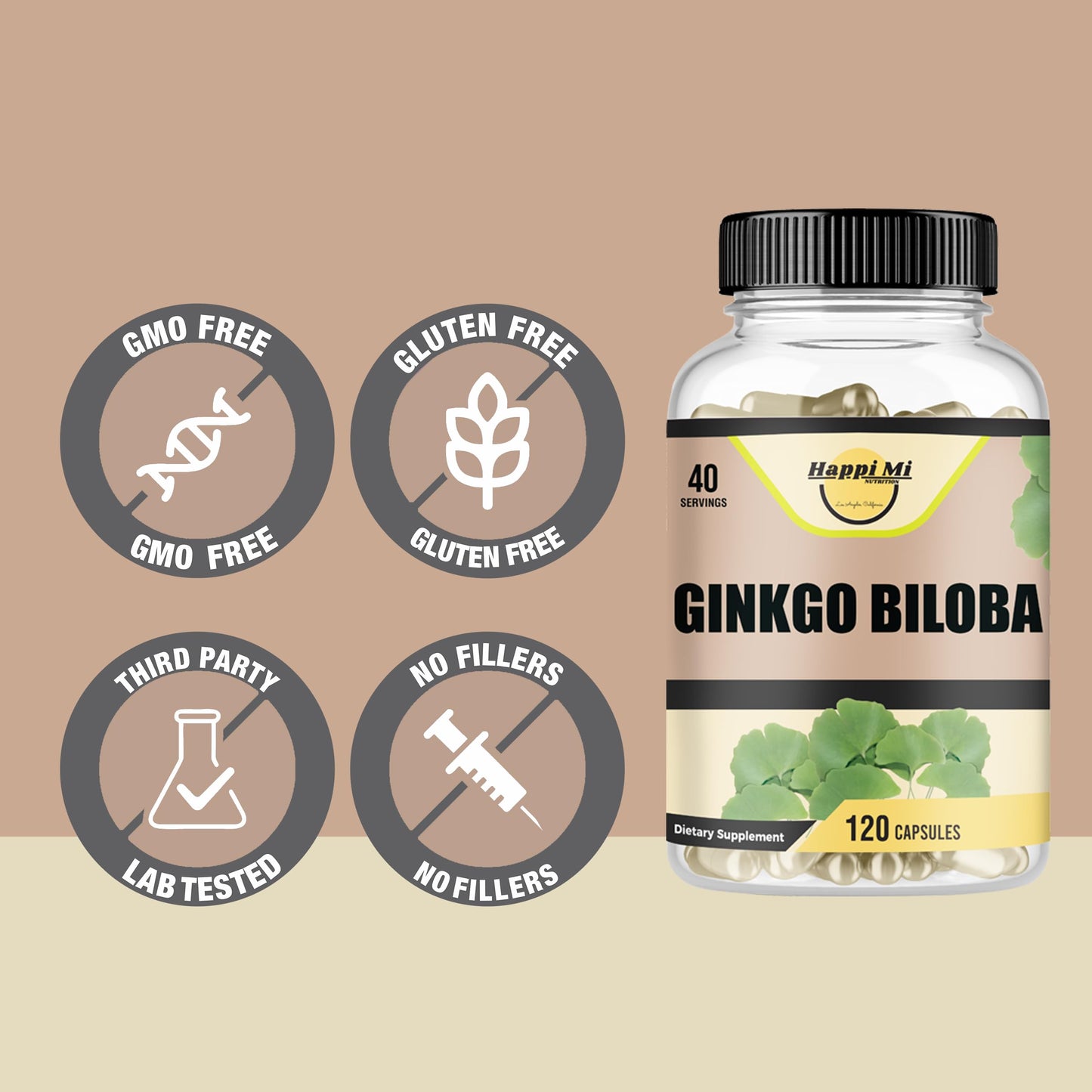 Happi Mi Nutrition Ginkgo Biloba Organic 1800mg Capsules, 120 Count
