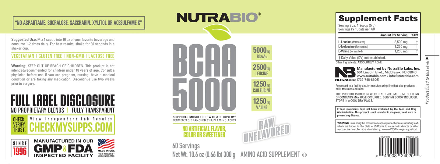 NutraBio BCAA 5000 Powder 10.58 oz