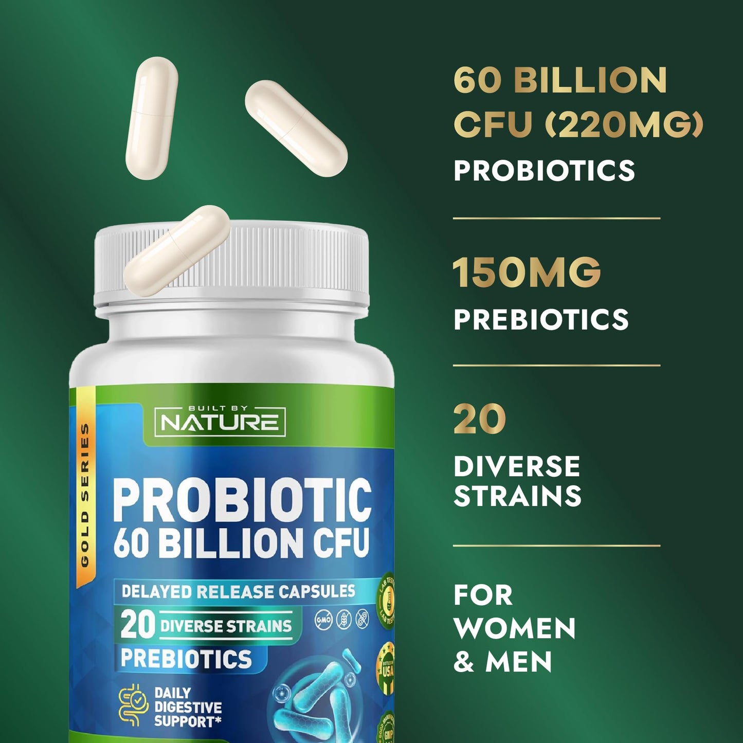 Built by Nature Probiotic 60 Billion CFU – 20 Strains + Prebiotics – Immune & Digestive Support – for Women & Men – Delayed Release Capsules, Shelf Stable – 3 Month Supply – 90 Capsules