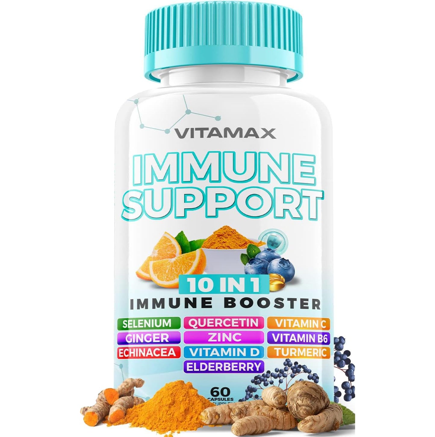 Vitamax 10-in-1 Immune System Support Booster with Elderberry, D3, Selenium, Quercetin, Zinc, Vitamin C, Ginger, Turmeric Curcumin, B6, Echinacea – Natural Immune Defense – Made in USA Capsules, 60 Count