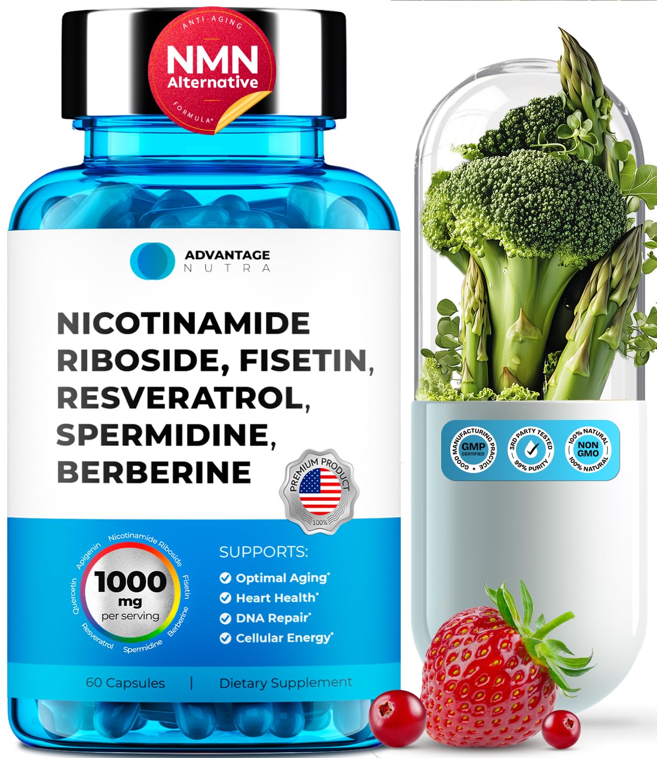 AdvantageNutra Liposomal Nicotinamide Riboside NR Supplement with Resveratrol NAD, 60 Capsules