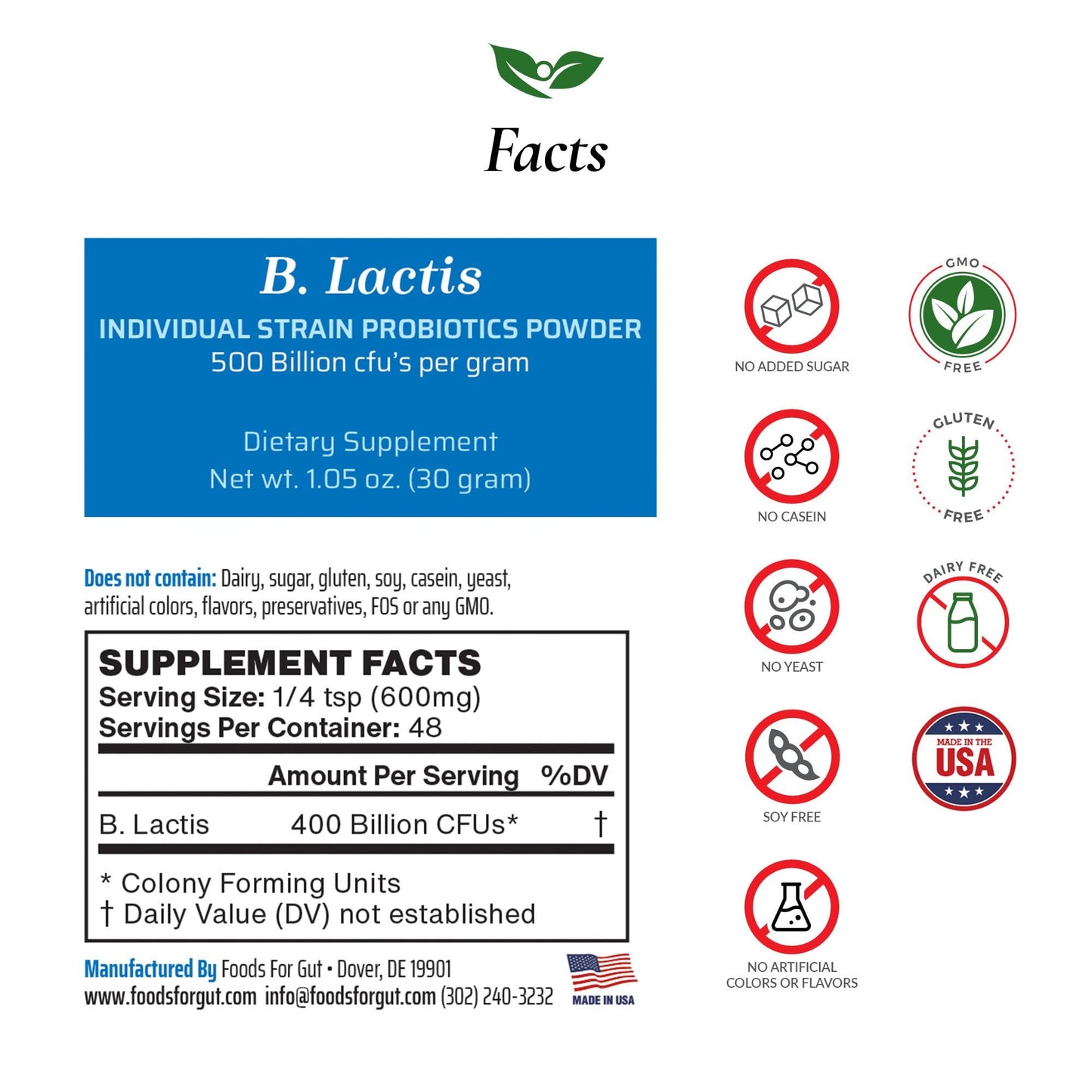 Foods For Gut Bifidobacterium Lactis Probiotic Powder 500 Billion CFU, 1.05 oz