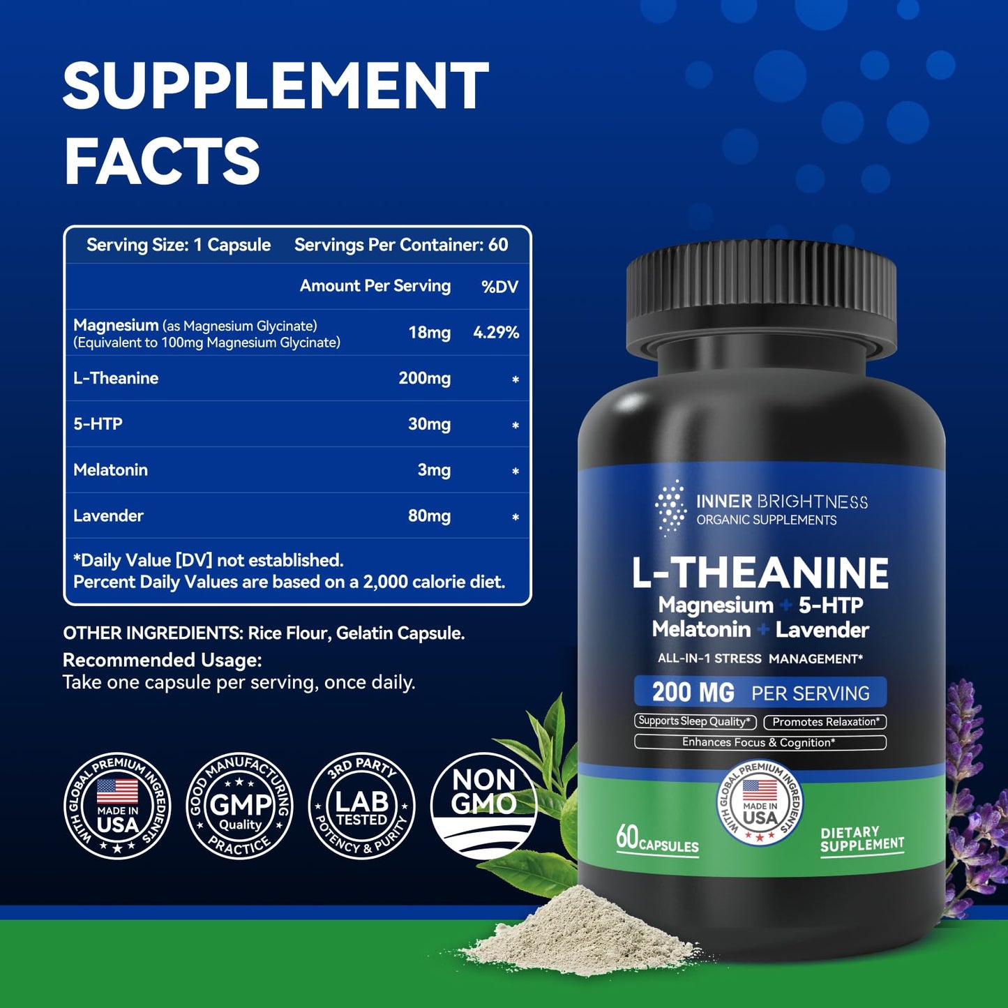 Inner Brightness L-Theanine 200mg, Magnesium, 5-HTP & Melatonin All-in-1 L-Theanine Supplement for Stress Relief, Focus & Cognition, Sleep Capsules 60 Count