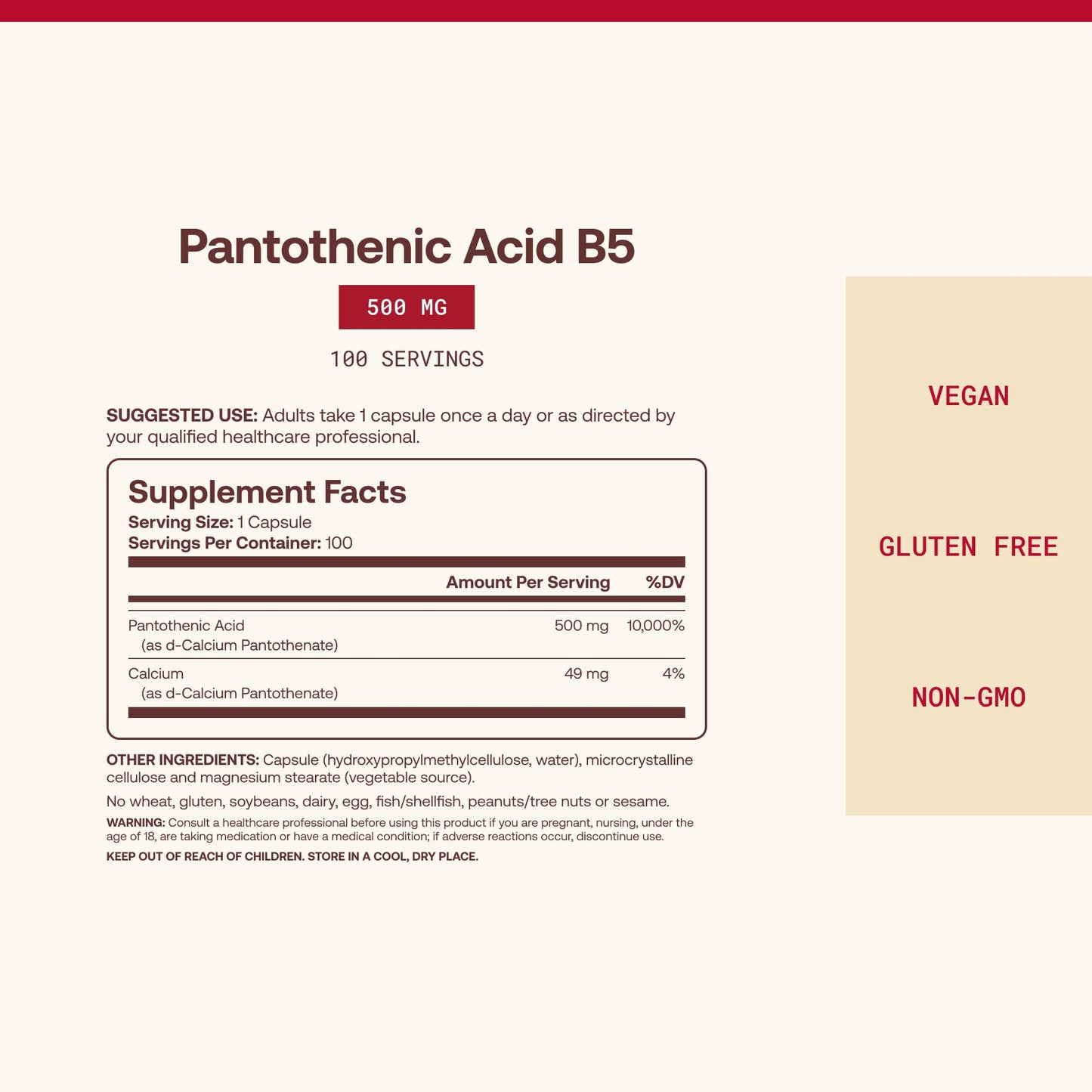 Jarrow Formulas Pantothenic Acid B5 500 mg Veggie Capsules, 100 Count