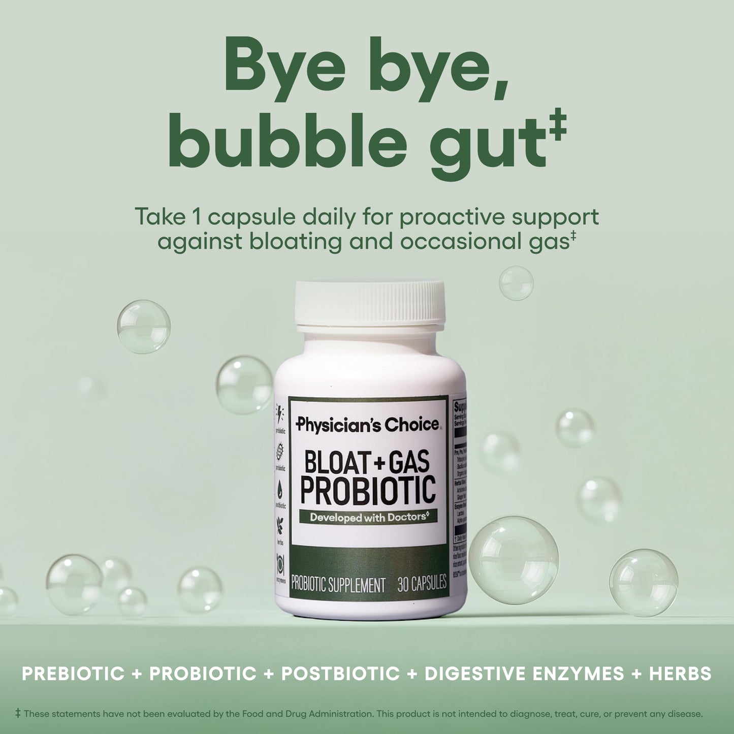 Physician's CHOICE Bloat & Gas Probiotic 5-in-1 Proactive Support + Daily Relief Capsule 30 Count