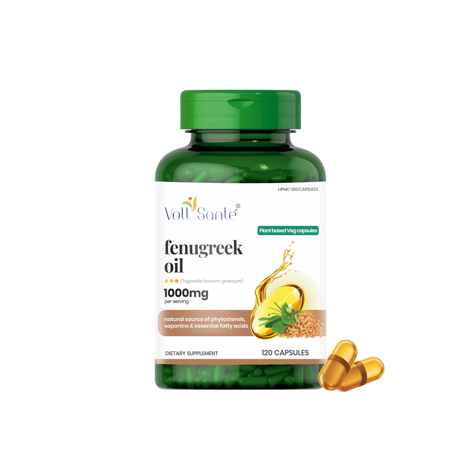 Voll Santé Fenugreek Seed Oil Capsule 1000 mg Per Serving, HPMC Plant-Based Veg Capsules, Non-GMO, Ayurvedic Supplement, Natural Source of Phytosterols, Saponins & Essential Fatty Acids, 120 Capsules