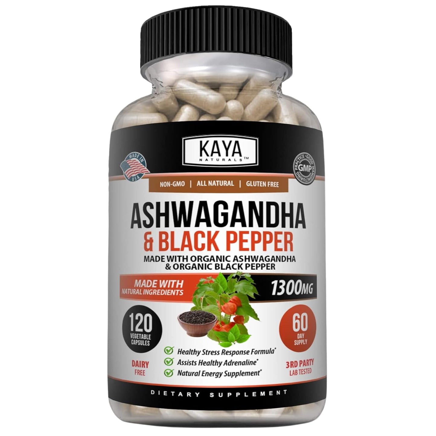 Kaya Naturals Ashwagandha 1300mg Capsules, 120 Count