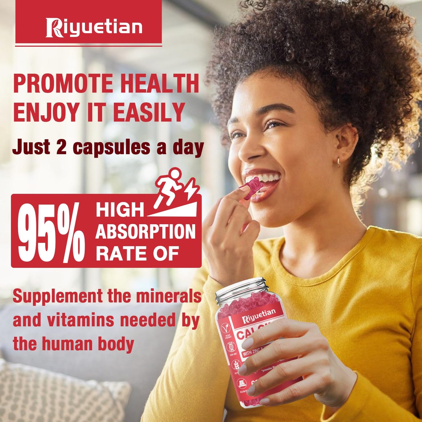 Riyuetian Calcium Gummies + Magnesium & Zinc with Vitamin D3 & K2, High Absorption Calcium Supplement for Bone, Teeth & Immune Support, Non GMO, Vegan, Gummy, 60 Count
