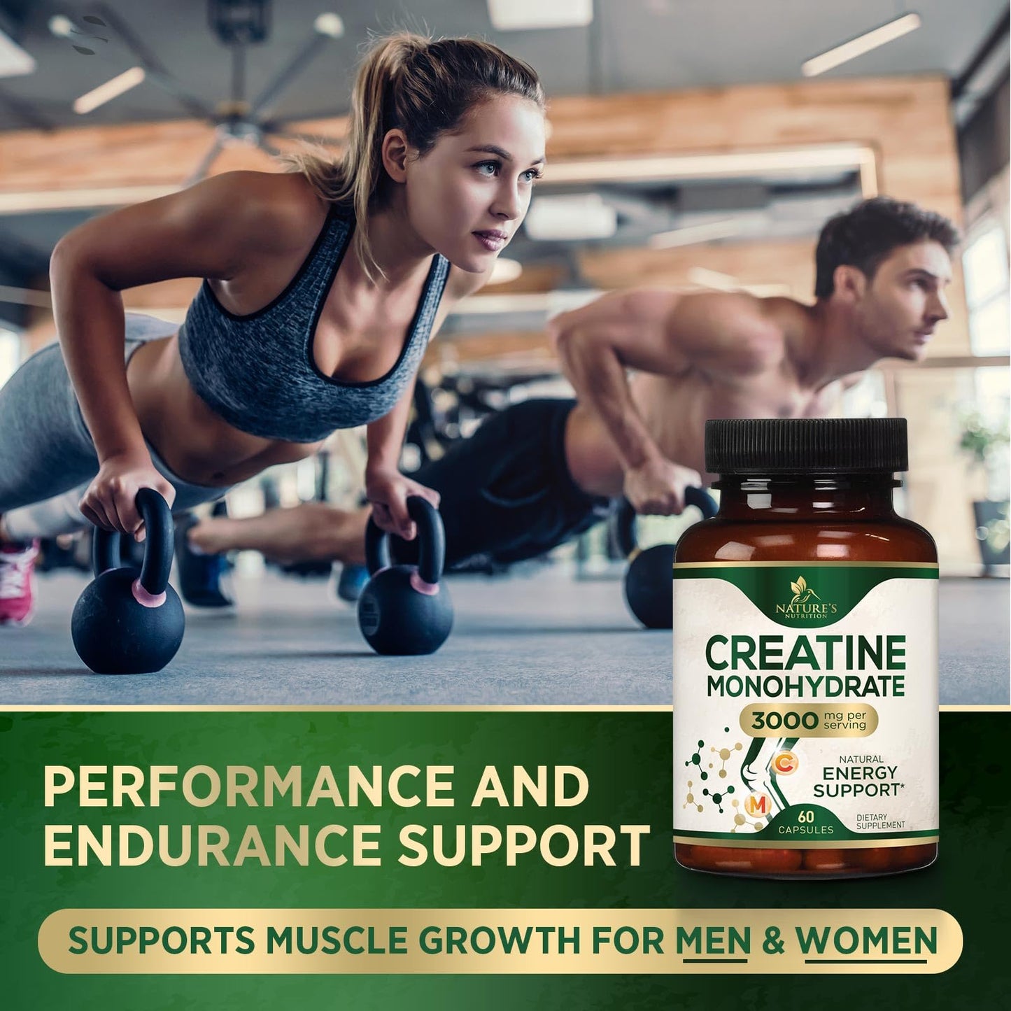 Nature's Nutrition Creatine Monohydrate 3000mg Micronized Creatine Capsule, 60 Capsules