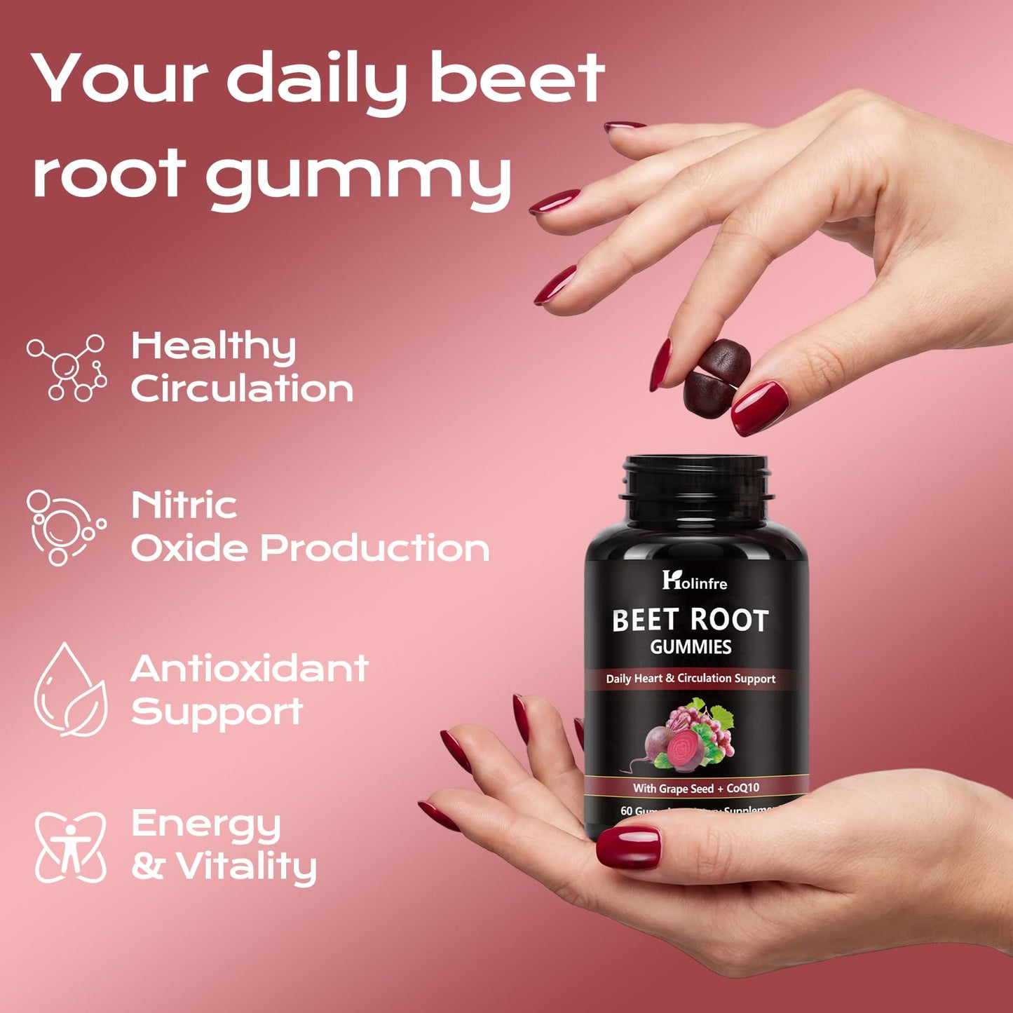 HOLINFRE Beet Root Gummies with Grape Seed & CoQ10, 60 Gummies