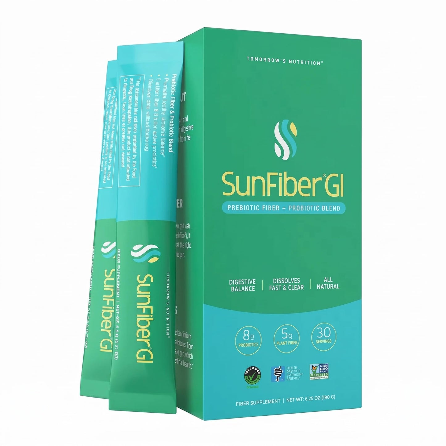 Tomorrow's Nutrition Sunfiber GI, Prebiotic Fiber & Probiotic Blend, 5g Prebiotic Fiber & 8 Billion Probiotics Per Serving, Low FODMAP, Powder, 30 Packets