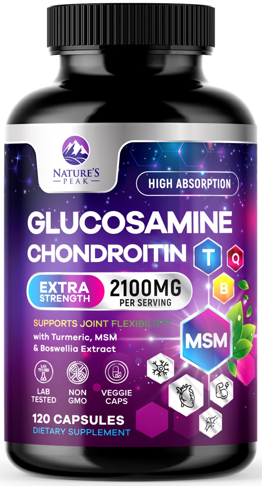 Nature's Peak Glucosamine Chondroitin MSM & Turmeric Extra Strength Joint Support Capsules, 120 Capsules