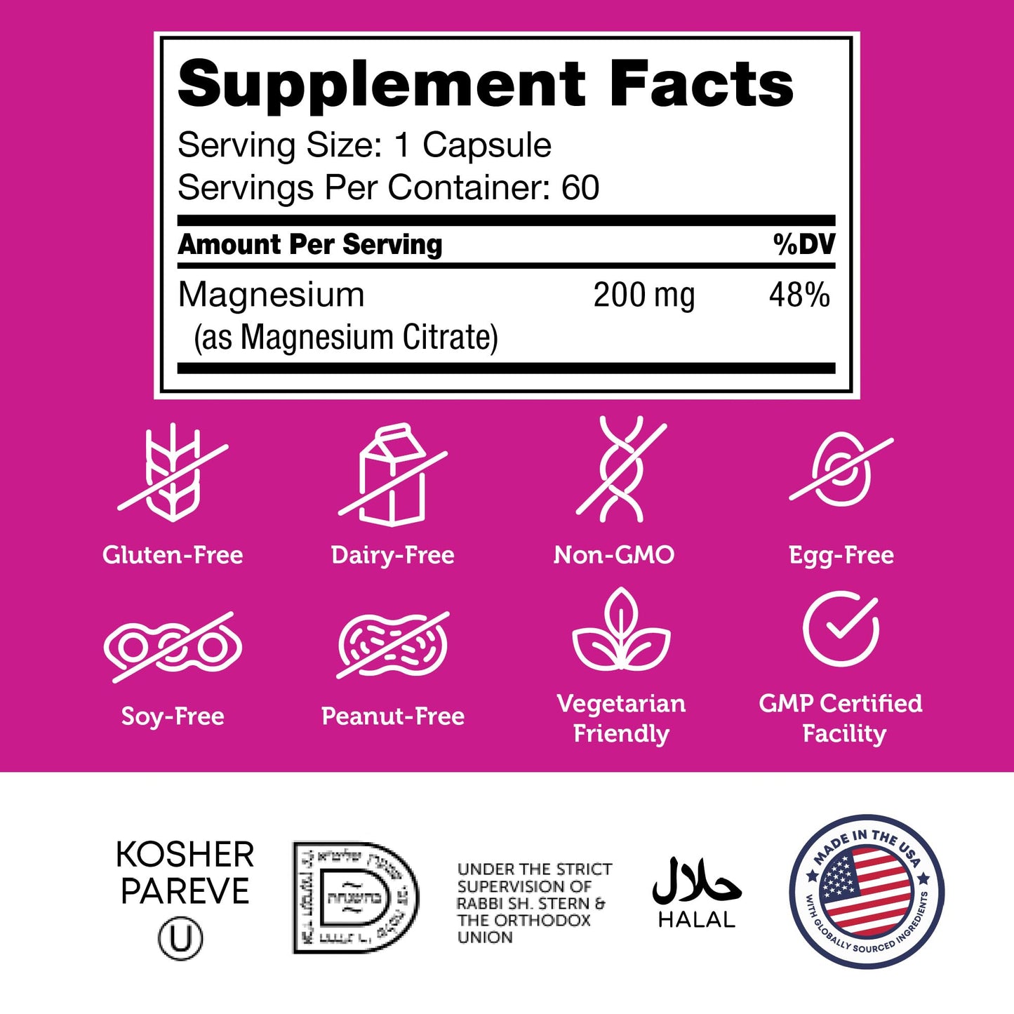 Zahler Magnesium Capsules 200 mg Bioactive Magnesium Citrate, Certified Kosher, 60 Capsules