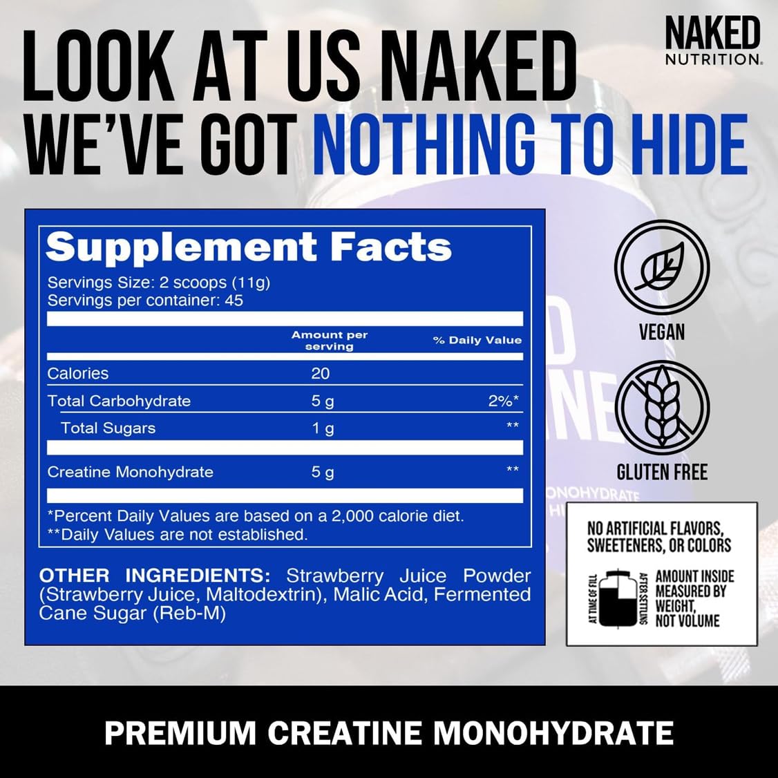 NAKED Creatine Monohydrate Powder, Strawberry Flavored, 45 Servings