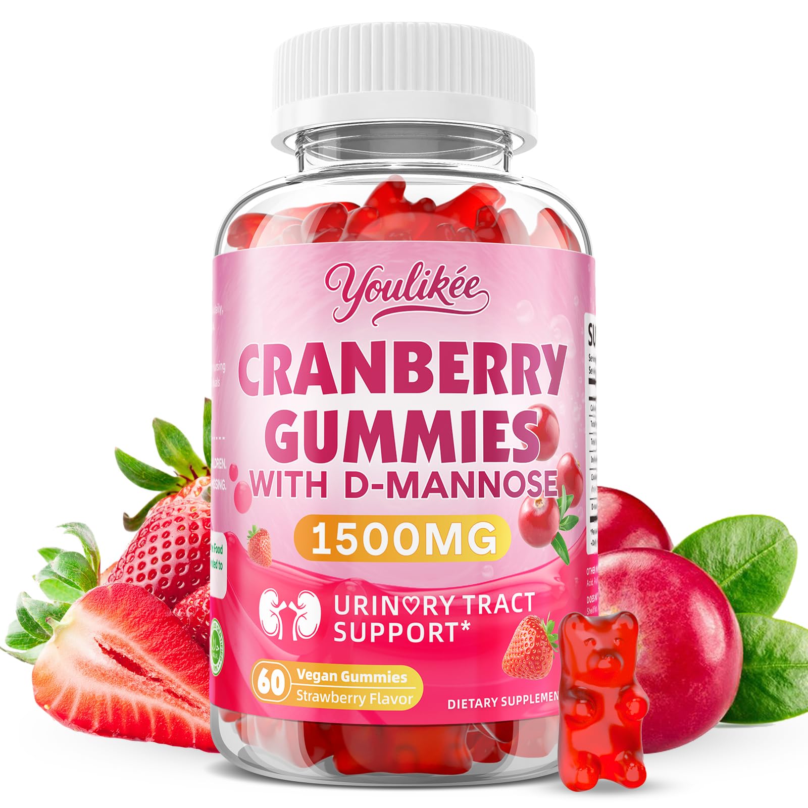 Youlikee Vegan Cranberry Gummies with D Mannose, 60 Count