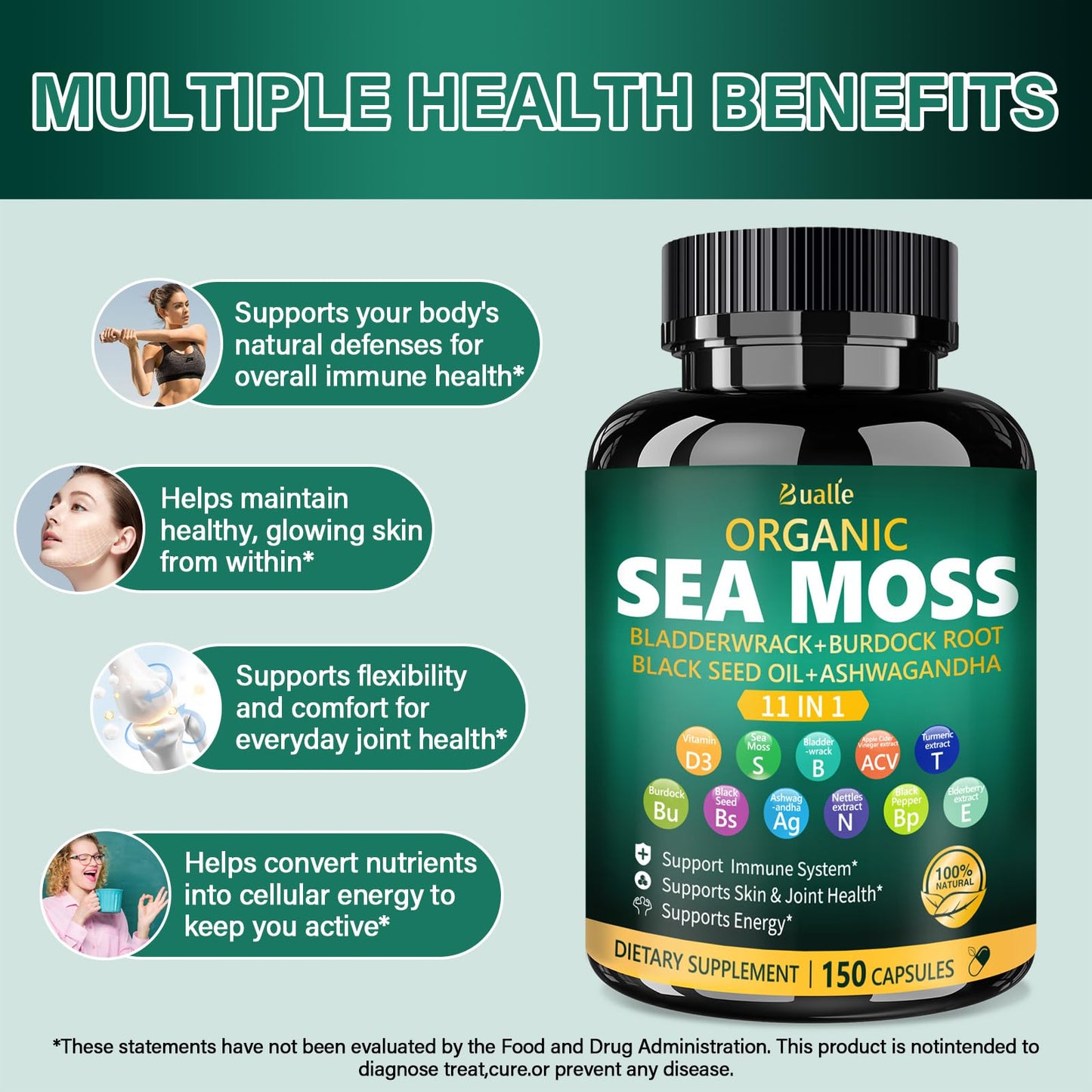 Bualle Organic Sea Moss Capsules, 150 Count