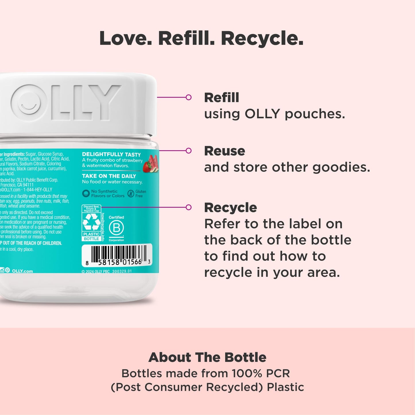 OLLY Teen Girl Multi Gummy, Healthy Skin and Immune Support,* Essential Vitamins, Biotin, Zinc, Chewable Multivitamin, Strawberry Melon Flavored, 50 Day Supply - 100 Count
