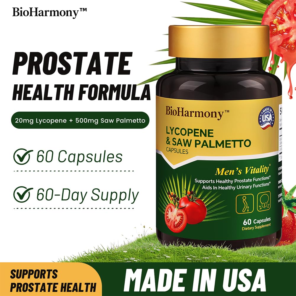 BioHarmony Saw Palmetto for Men Prostate Health Supplement with 500mg Saw Palmetto Extract & 20mg Lycopene, Non-GMO, 60 Capsules