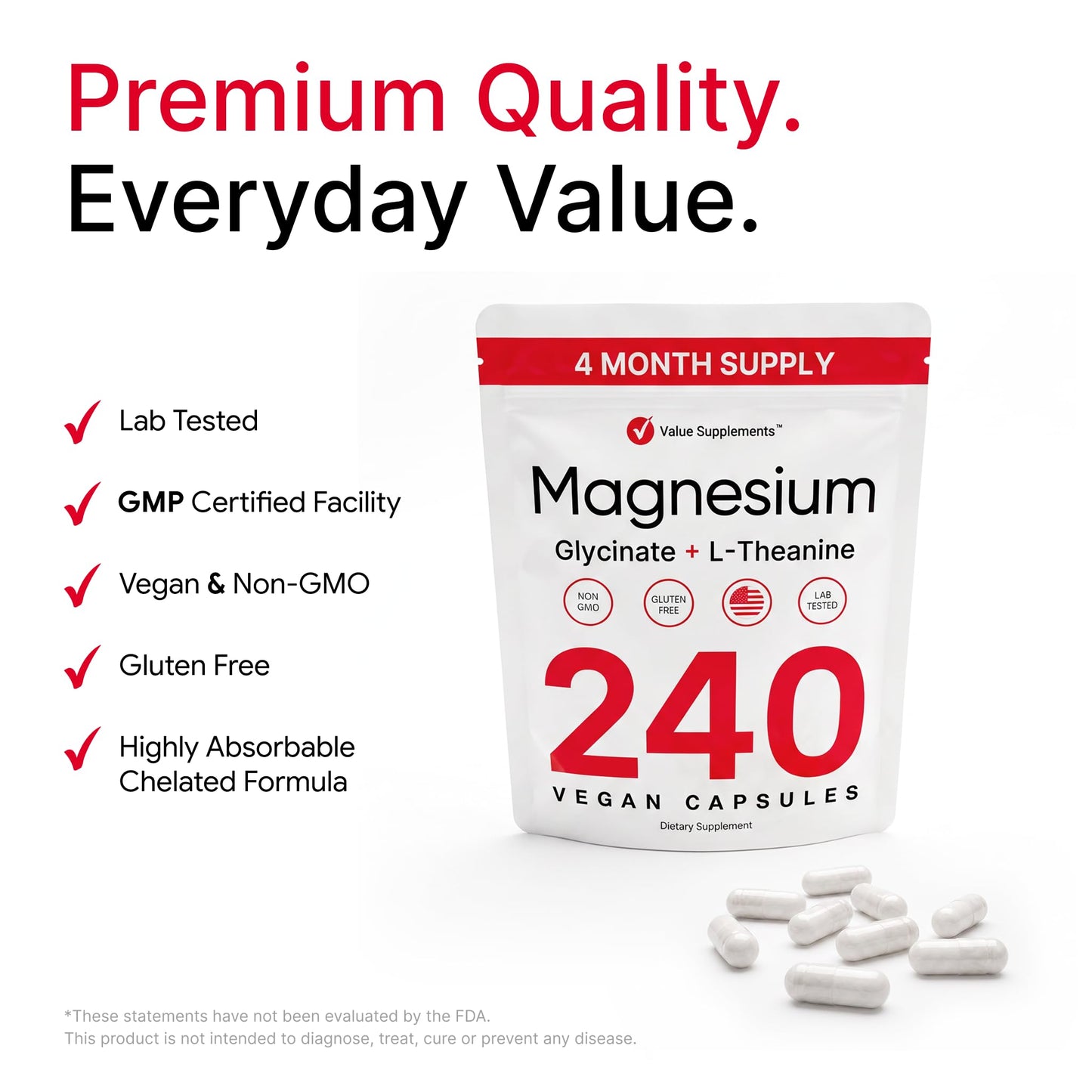 Value Supplements Magnesium Glycinate 500mg + L-Theanine Capsules, 240 Count