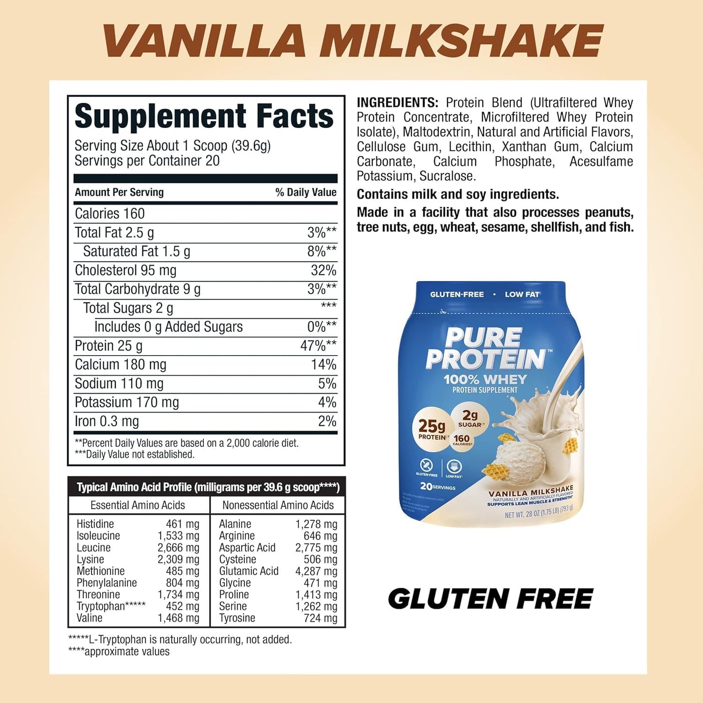 Pure Protein Powder Natural Whey High Protein Vanilla, 25.6 oz