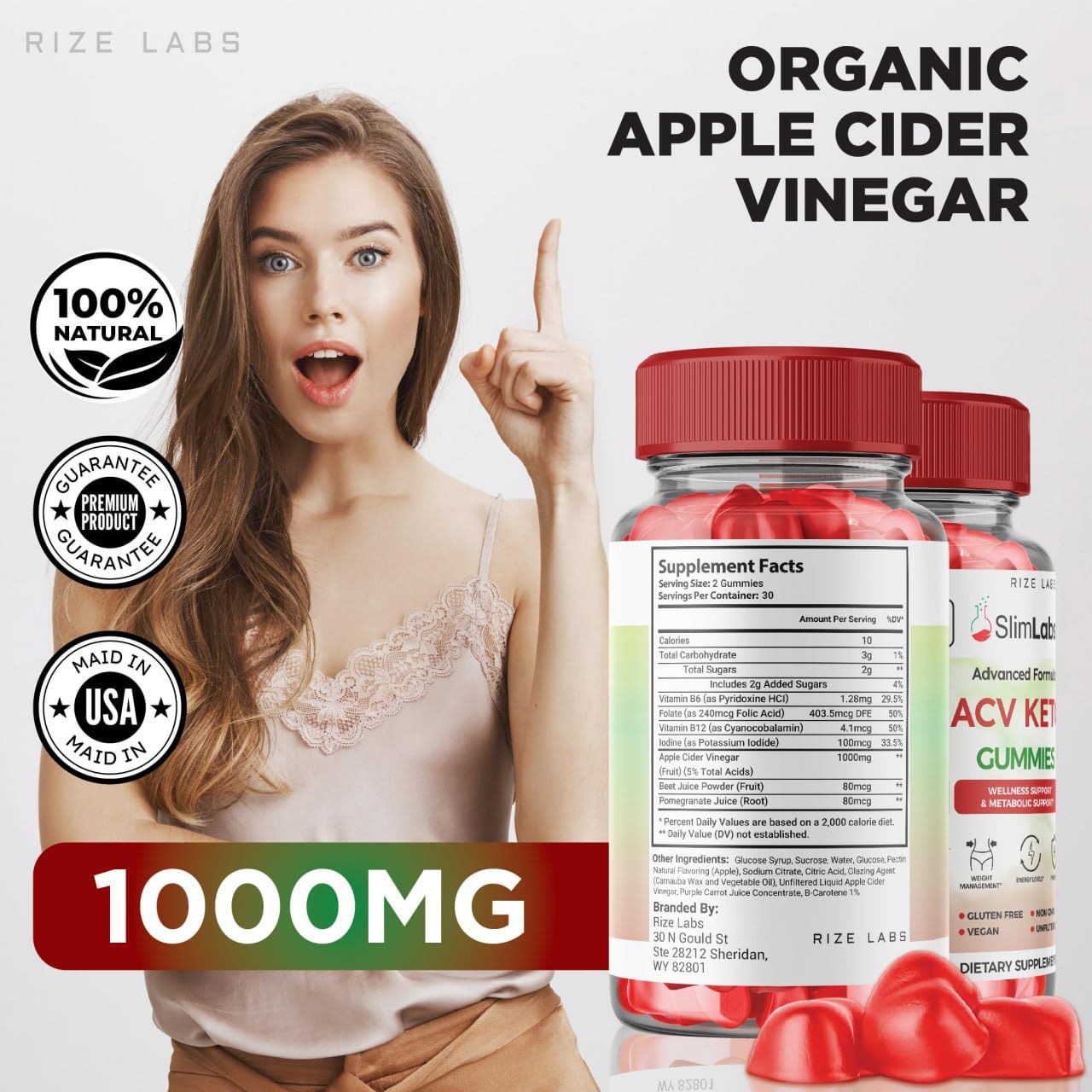 Rize Labs Slim Labs ACV Keto Gummies for Wellness and Metabolic Support - Weight Loss Gummies - Belly Fat Diet, 120 Gummies
