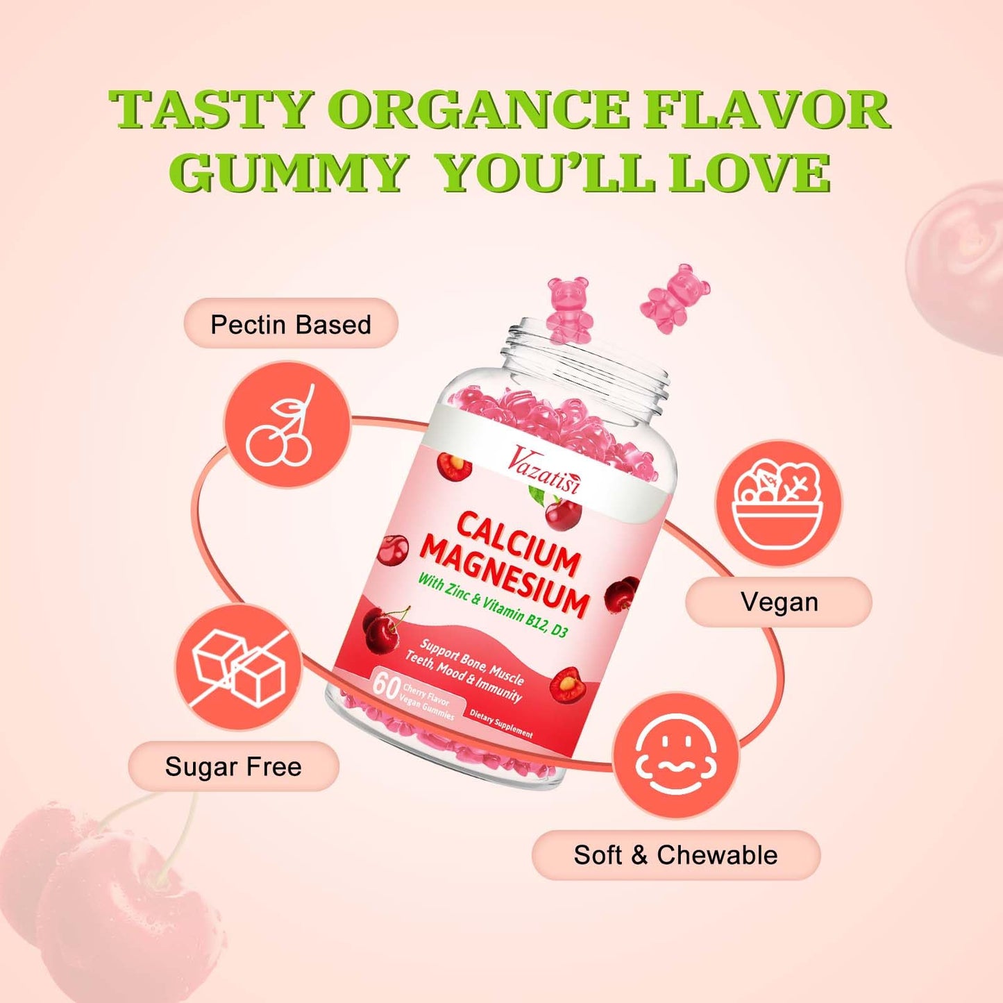 Vazatisi Calcium Magnesium Zinc Gummies 2:1 Ratio with Vitamin D3 & B12, Vegan Cherry Flavor, 60 Count