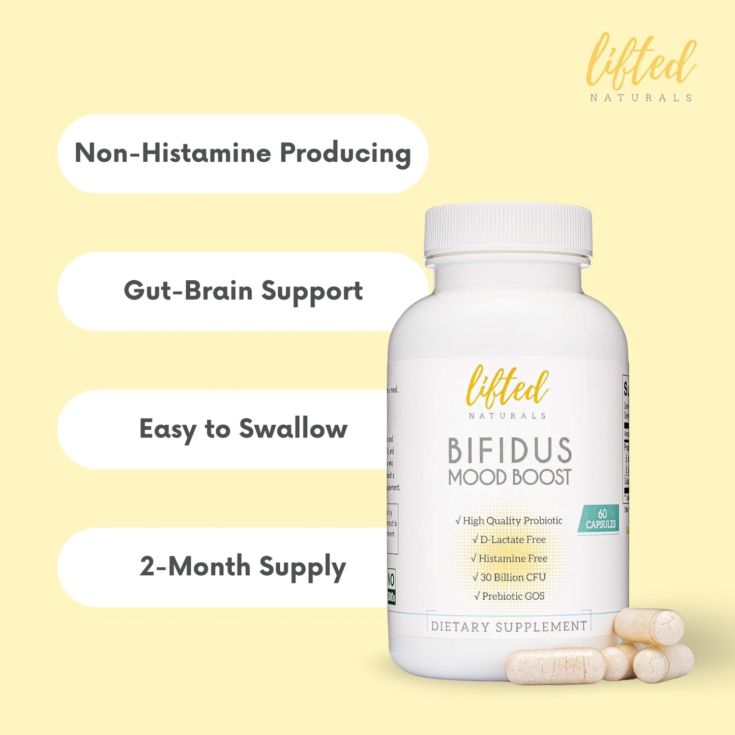 Lifted Naturals Probiotics 30 Billion CFU Bifidus Mood Support Capsules, 60 Count