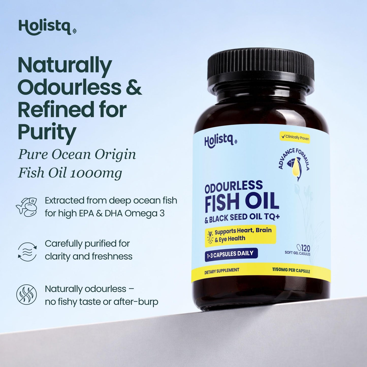 HOLISTQ Odorless Fish Oil & Black Seed Oil Organic Cold Pressed Capsules with 5% Thymoquinone, Nigella Sativa Black Seed Extract and Omega 3 6 9 for Daily Immune Support Softgels, 120