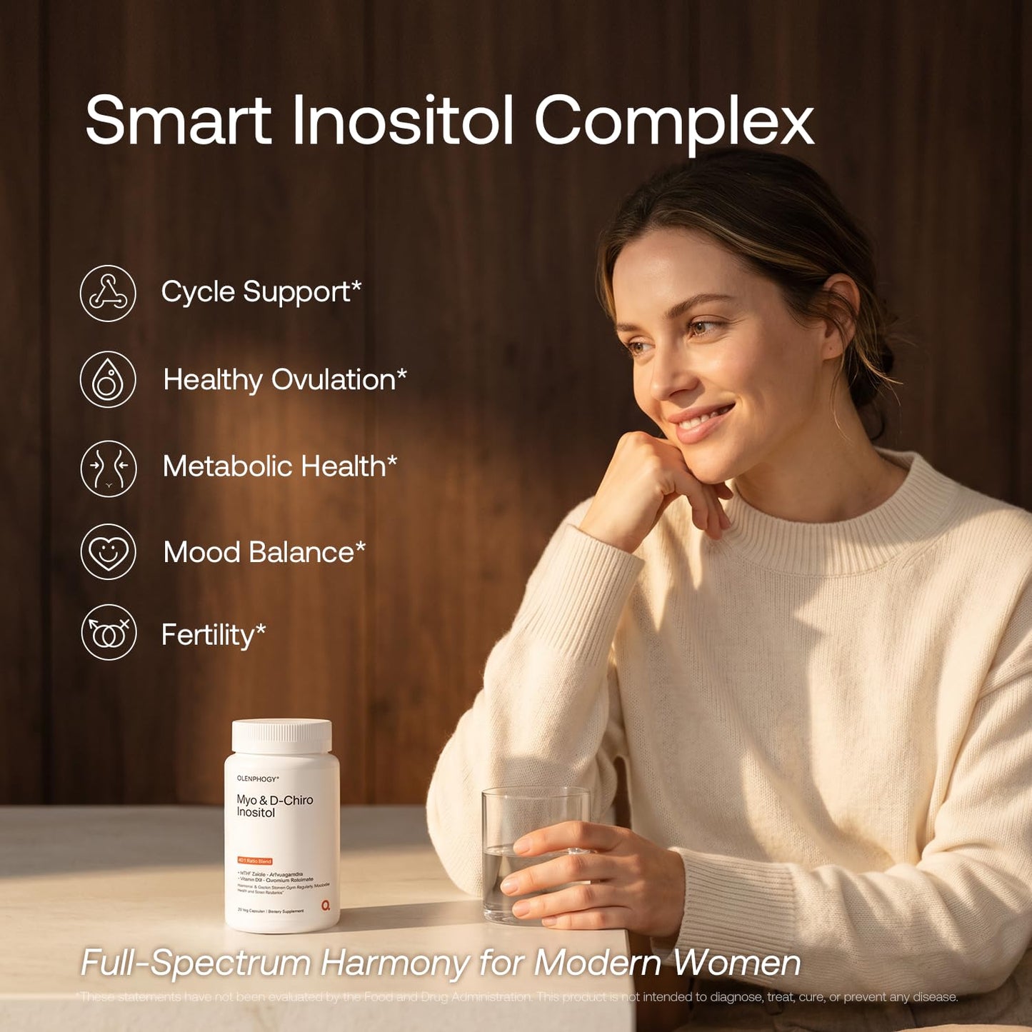 Olenphogy Inositol Supplement for Women – 40:1 Myo & D-Chiro Inositol Complex for Hormonal Balance, Cycles & Mood Support with Ashwagandha, MTHF Folate, Vitamin D3 & Chromium, 120 Capsules
