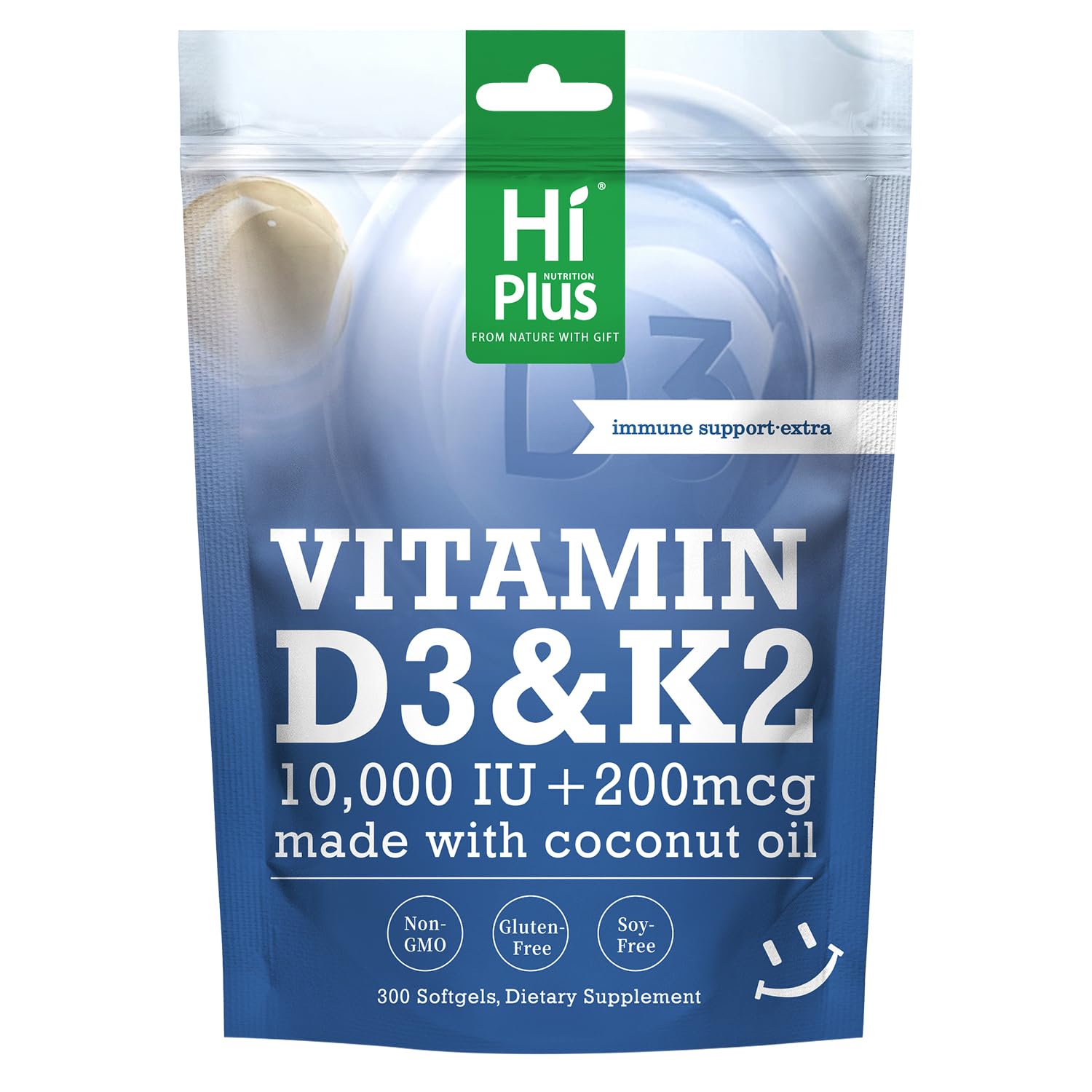 HiPlus Vitamin D3 10,000 IU + K2 200 mcg Capsule 300 Count