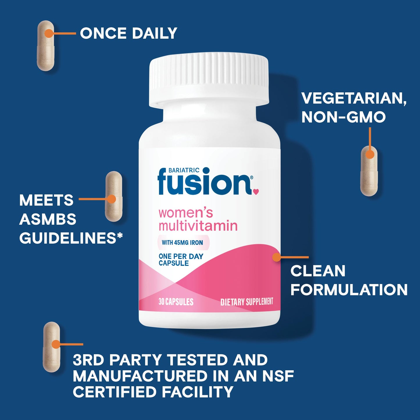 Bariatric Fusion Bariatric Multivitamin with Iron for Women Hair, Skin and Nails Blend for Hair Loss After Bariatric Surgery & GLP-1 Capsules, 30 Count