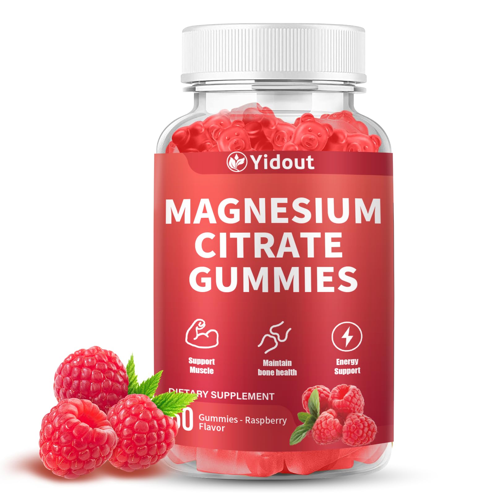 Yidout High Absorption Magnesium Gummies for Adults, Raspberry Flavor, Vegan, Non-GMO, 60 Count
