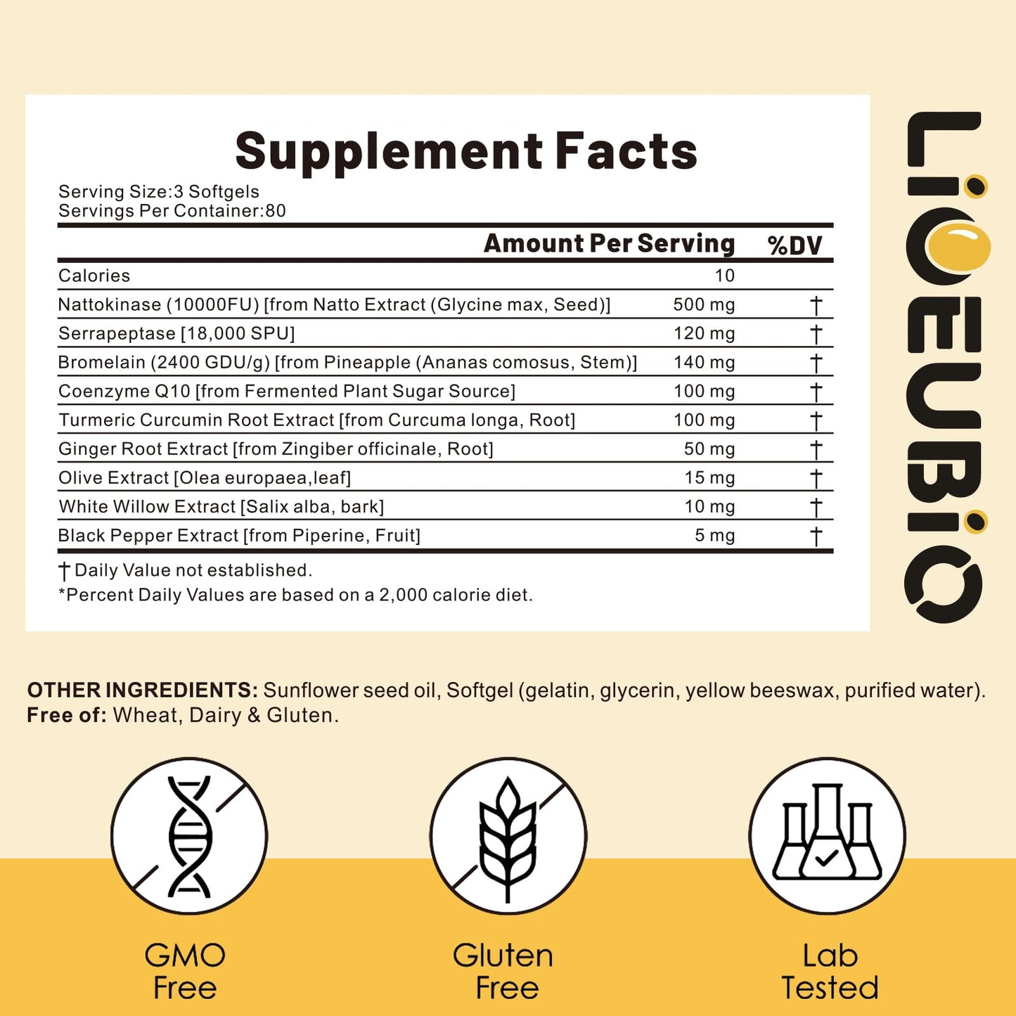 LIOEUBIO Nattokinase Supplement 10,000 FU, 9-in-1 Formula with Serrapeptase, Bromelain, CoQ10, Turmeric & White Willow Bark, 240 Softgels
