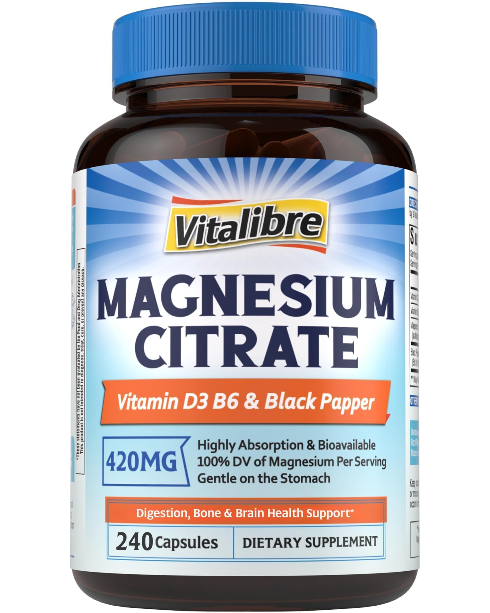 Vitalibre Magnesium Citrate Supplement with Vitamins D3 & B6, 240 Capsules