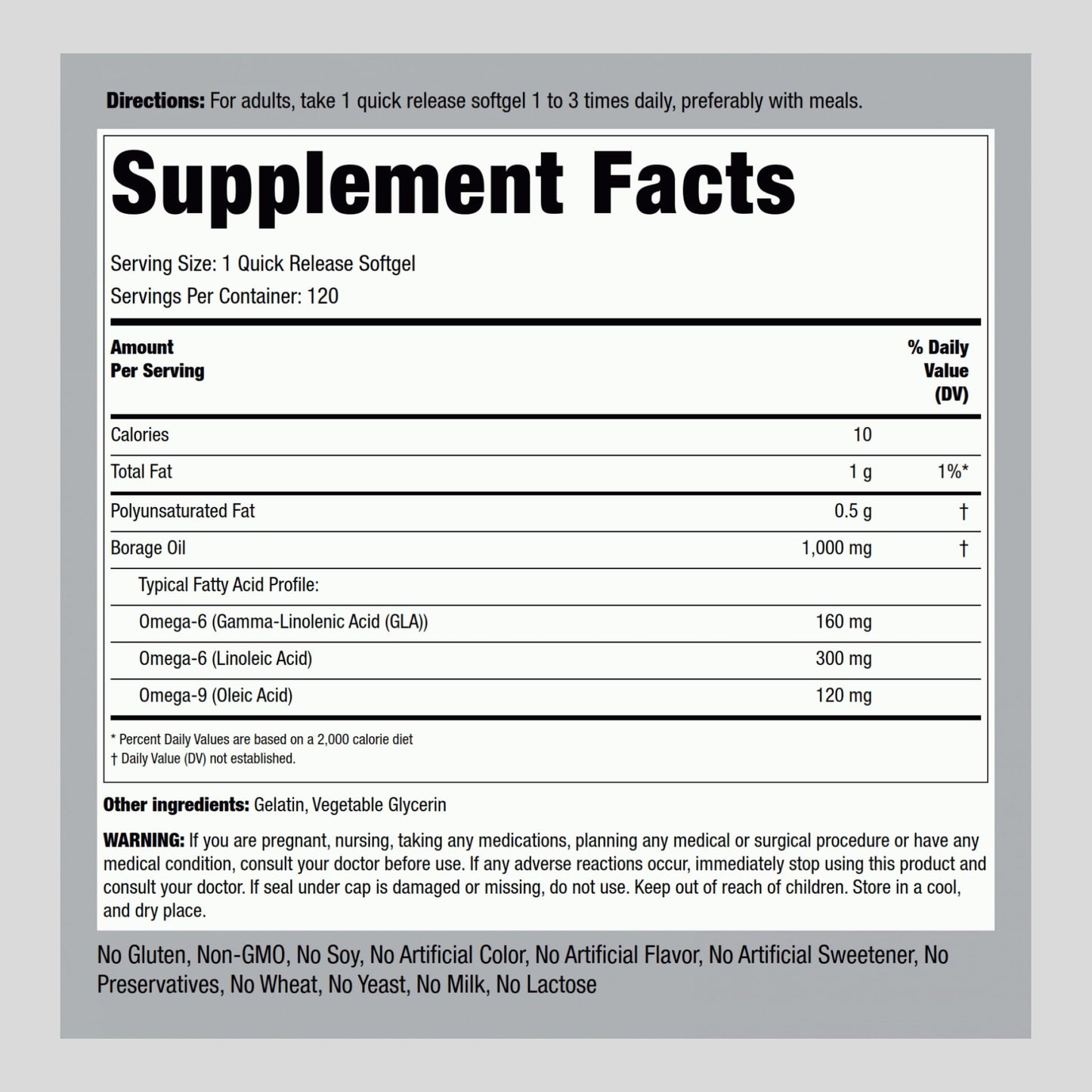 Piping Rock Borage Oil Supplement 1000mg Softgels 120
